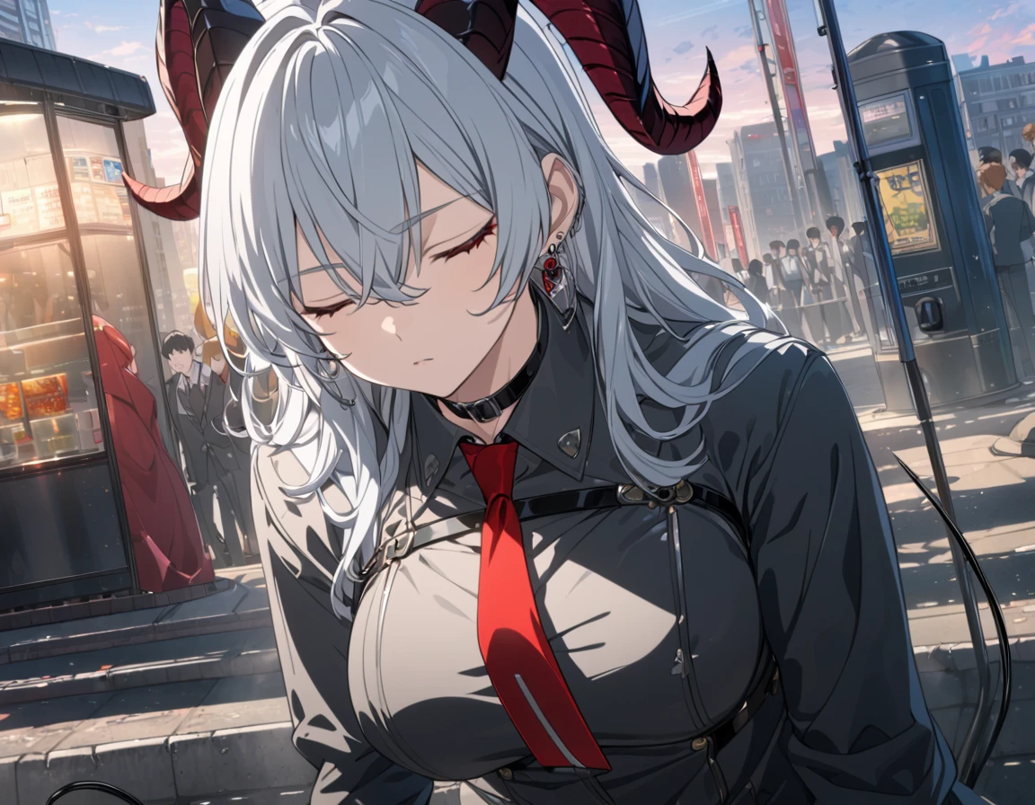 Zani, demon tail, long hair, multicolored hair, grey hair, hair between eyes, goat horns, demon horns, red eyes, large breasts, first rate breasts, black shirt, collared shirt, red necktie, long sleeves, black gloves, latex gloves, black pants, earrings, black choker, sleeping, eyes closed, outdoor, bus stop, crowd, dawn background. Detailed eyes, Ultra quality, UHD, high detail, anime aesthetic, Anime screenshot, Ultra quality, UHD, high detail