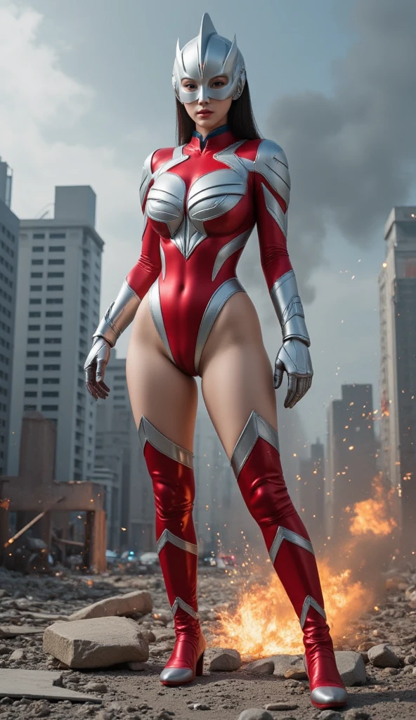 "Design a detailed half-body 2K image of a colossal Korean woman with a curvaceous hourglass body and silky white skin. She dons a vibrant Ultraman costume and mask, standing powerfully amidst a shattered miniature city. Her confident stance shows her blocking a monster's attack, with sparks and energy blasts lighting the chaotic urban setting. The scene highlights her striking figure, metallic costume shine, and the dramatic clash with the towering monster."