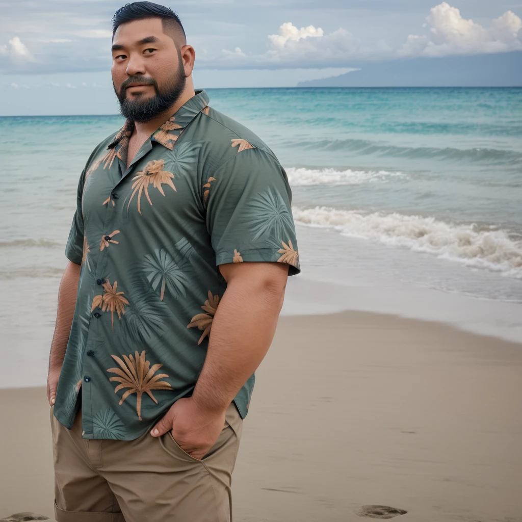 1st son,(Upper body:1.5),
 Asian ,beard,Bear Style Bear Style , Hawaiian shirt ,ocean,seashore,province,