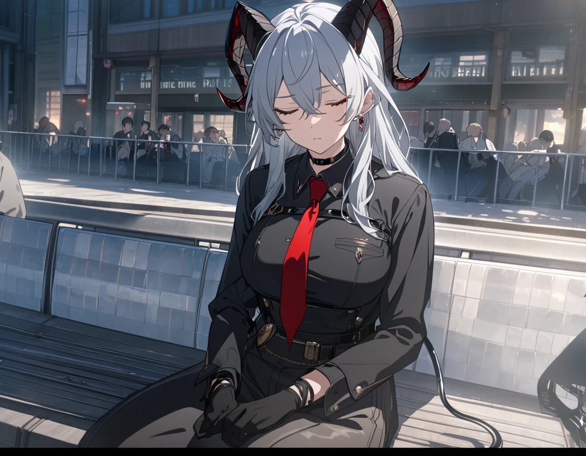 Zani, demon tail, long hair, multicolored hair, grey hair, hair between eyes, goat horns, demon horns, red eyes, large breasts, first rate breasts, black shirt, collared shirt, red necktie, long sleeves, black gloves, latex gloves, black pants, earrings, black choker, sleepy, sleeping, eyes closed, outdoor, bus stop, crowd, sitting on a bench dawn. Detailed eyes, Ultra quality, UHD, high detail, anime aesthetic, Anime screenshot, Ultra quality, UHD, high detail