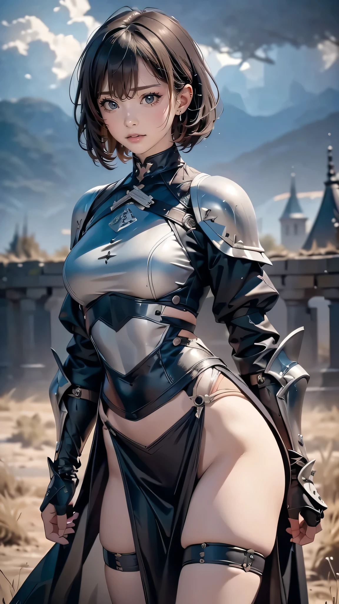 1girl,full body,red short hair,(hugging her legs)),female knight,dirty armor,helmet,elbow guards,knee pads,((fishnet stockings2.0,thigh high boots)),(best quality,4k,8k,highres,masterpiece:1.2),ultra-detailed,(realistic,photorealistic,photo-realistic:1.37),detailed face,beautiful detailed eyes,beautiful detailed lips,extremely detailed eyes and face,long eyelashes,dynamic pose,dramatic lighting,muted color palette,cinematic composition
