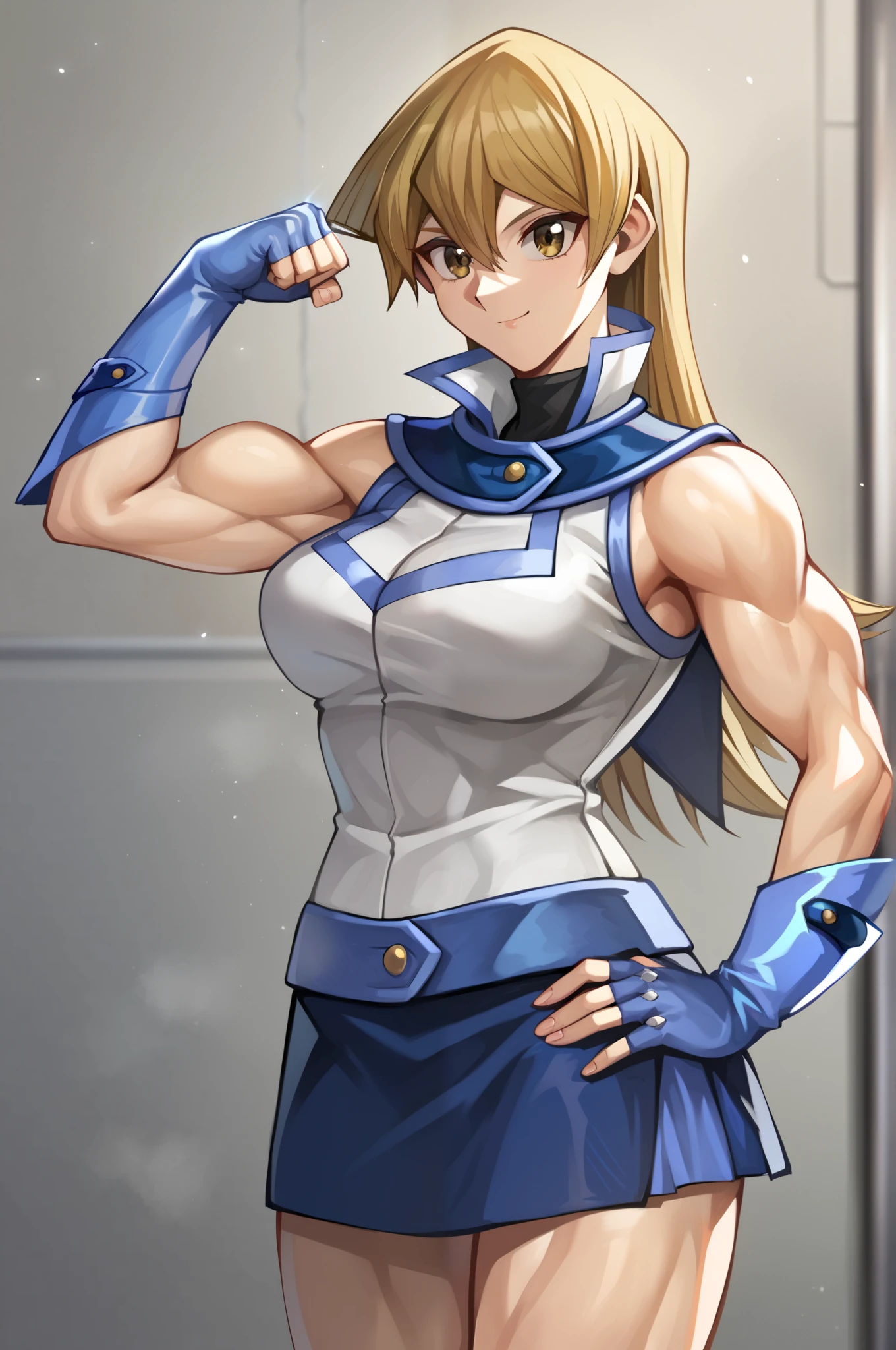 score_9, score_8_up, score_7_up, score_6_up, score_5_up, score_4_up, source_anime, Alexis Rhodes, Tenjouin Asuka, 203_wolves, Yu-Gi-Oh GX, 1girl, solo, toned, flexing, blonde hair, obelisk blue uniform, skirt, smile, closed mouth, tenjouin_asuka, duel_academy_uniform_\(yu-gi-oh!_gx\), blue_skirt, white_jacket, miniskirt, biceps, muscular female