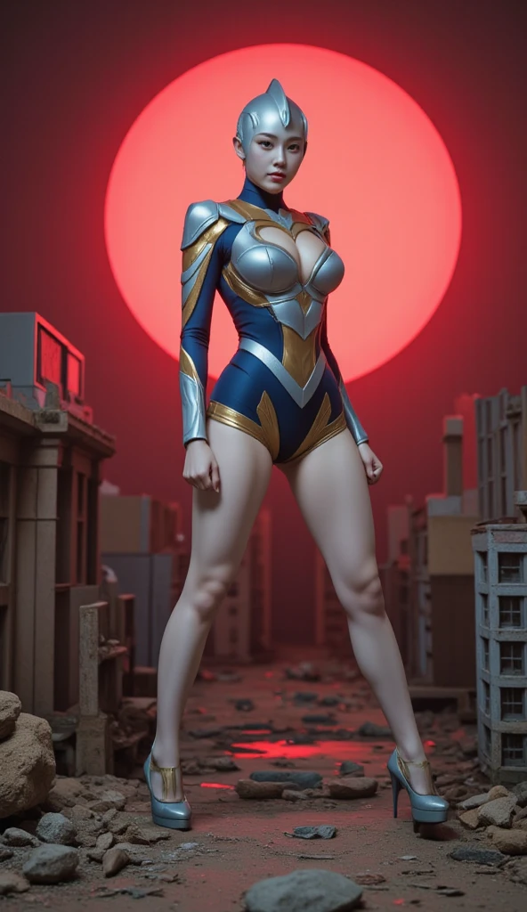 "Create a realistic half-body 2K image of a towering Ultraman-sized Korean woman with long legs, an hourglass figure, and radiant white skin. She is wearing a detailed Ultraman costume with vibrant metallic accents and a fitted design that emphasizes her impressive physique, including a mask covering her face. She strikes a dynamic fighting pose, her fists clenched, as she stands at the center of a miniature broken city. Surrounding her are crumbled buildings, scattered debris, and a glowing red sunset that enhances the dramatic atmosphere."