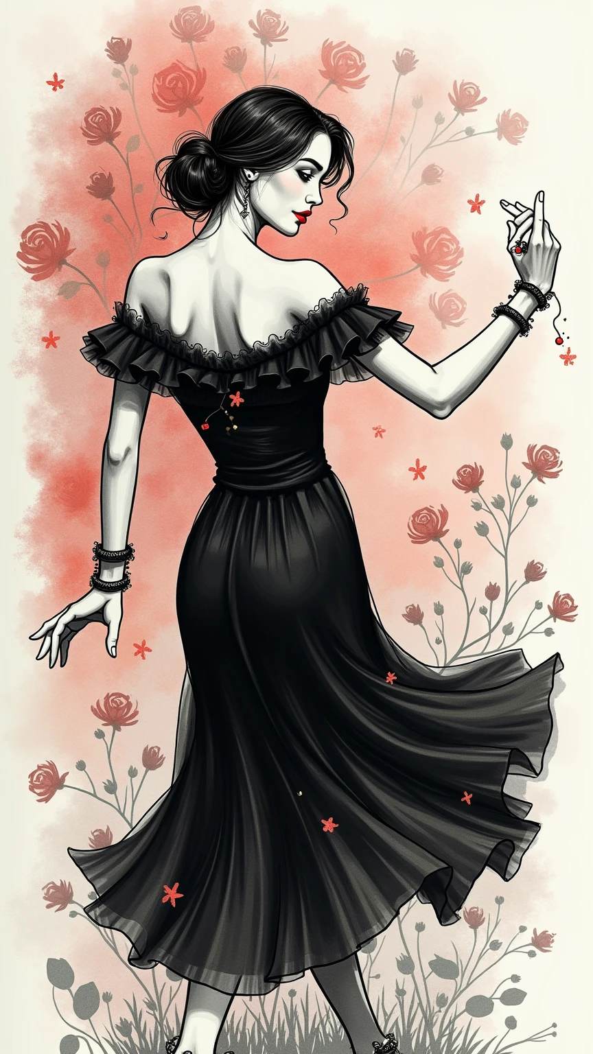 A captivating black pen drawing style sketch of a beautiful woman as a short tango dancer, elegantly posed in motion. She embodies the essence of music and dreams, dressed modestly in a stylish black tango dress that covers her body fully. Her striking red lipstick adds a hint of charm, while the background features a whimsical rose motif, creating a mysterious and dreamy atmosphere. A gentle splash of color enhances the scene,. realistic high details UHD 8k, serialism fantasy dreamy magical, modest fully clothed 
