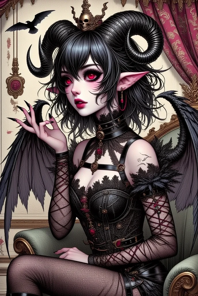 Fantasy Illustration with Gothic. Dark tone colors.), A young succubus lies in a daring pose on a sumptuous sofa, (She has jet-black hair and eyebrows, blunt bangs, ground-length messy hair, glowing red eyes with yellow stars, small pink lips, pale skin, and dark, thick eyeliner.),  (She wears a tiara with a skull motif and a black leather chukar. She wears a high-leg bodysuit of lace fabric, and stocking boots with braided red laces. On her back she has a pair of large raven-like wings.)
