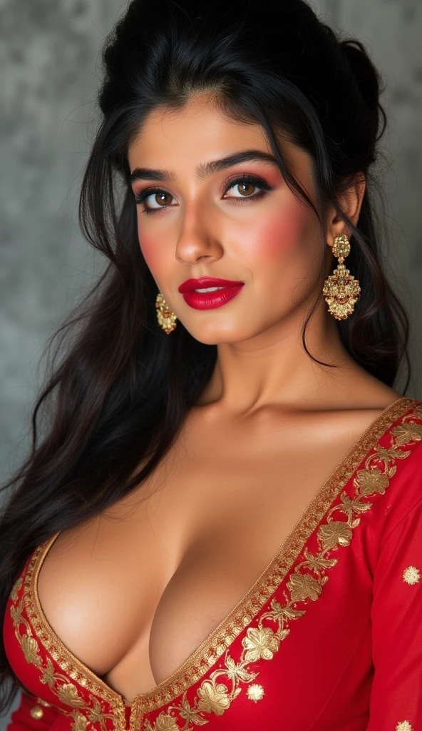 perfect pink eyes, fantastic face, Indian, beautiful look, ((red lips, bright eyes, curve heir 1.5)), ((beautiful details very big breast )), (Straight round and ultra huge clevage, not sagging breast), A glorious gorgeous, glorious gorgeous face, pretty face, bright eyes, detailed elegant printed red saree, updo elegant hair, blurred gray tones background, ultra focus, face ilumined, face detailed, 8k resolution, painted, dry brush, brush strokes, razumov style and garmash style, by Tokaito,  ((Full Open ))