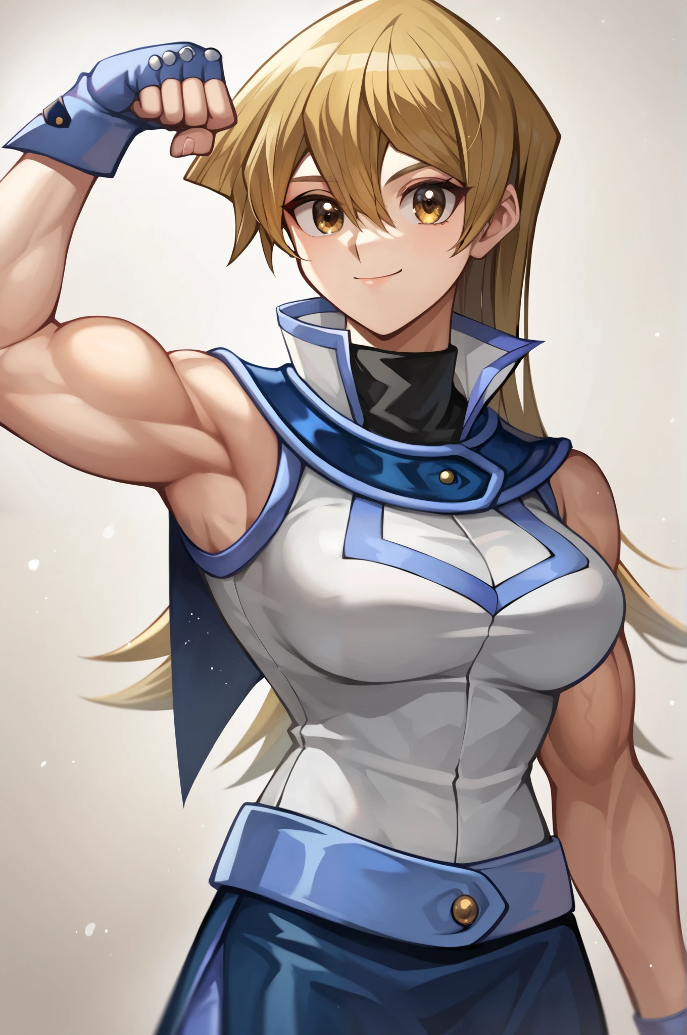 score_9, score_8_up, score_7_up, score_6_up, score_5_up, score_4_up, source_anime, Alexis Rhodes, Tenjouin Asuka, 203_wolves, Yu-Gi-Oh GX, 1girl, solo, toned, flexing, blonde hair, obelisk blue uniform, skirt, smile, closed mouth, tenjouin_asuka, duel_academy_uniform_\(yu-gi-oh!_gx\), blue_skirt, white_jacket, miniskirt, biceps, muscular female