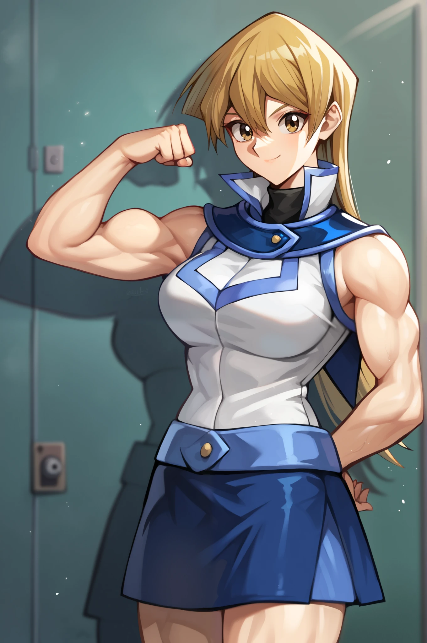 score_9, score_8_up, score_7_up, score_6_up, score_5_up, score_4_up, source_anime, Alexis Rhodes, Tenjouin Asuka, 203_wolves, Yu-Gi-Oh GX, 1girl, solo, toned, flexing, blonde hair, obelisk blue uniform, skirt, smile, closed mouth, tenjouin_asuka, duel_academy_uniform_\(yu-gi-oh!_gx\), blue_skirt, white_jacket, miniskirt, biceps, muscular female