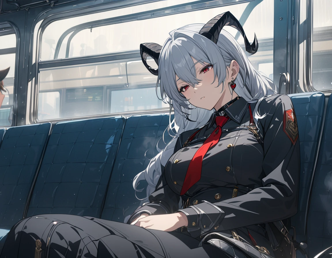 Zani, demon tail, long hair, multicolored hair, grey hair, hair between eyes, goat horns, demon horns, red eyes, large breasts, first rate breasts, black shirt, collared shirt, red necktie, long sleeves, black gloves, latex gloves, black pants, earrings, black choker, sleepy, sleeping, eyes closed, train, busy crowd, sitting in a train. Detailed eyes, Ultra quality, UHD, high detail, anime aesthetic, Anime screenshot, Ultra quality, UHD, high detail