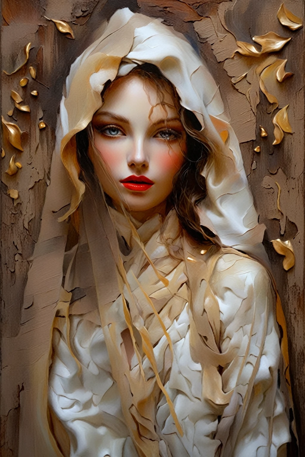 a thick textured oil painting, impasto brushstrokes, dry brushing, revealing underlayers, the model draped in flowing fabric, beautiful detailed eyes, beautiful detailed lips, extremely detailed eyes and face, long eyelashes, porcelain skin, serene expression, elegant pose, dramatic lighting, warm color palette, chiaroscuro, renaissance style, masterpiece, 