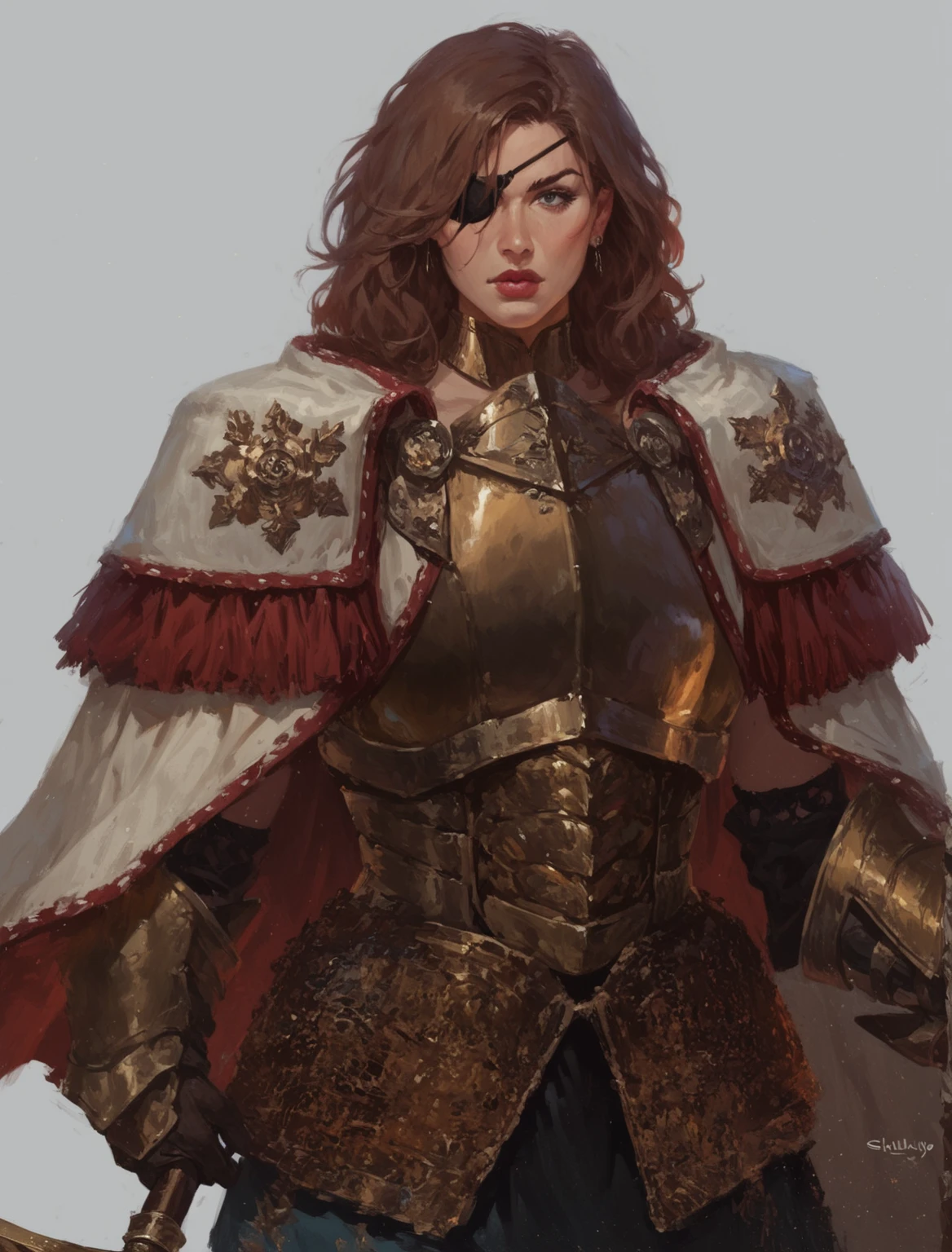 A mid angle portrait of a mature, older woman, mature woman, milf, thick lips, lipstick, woman with brown brunette hair. She is looking determined at pov. She has an eyepatch on her right eye. She has gold armor, heavy gold armor, bulky gold armor, gold fantasy armor. She has a red and white cape over the shoulders, over the shoulders cape. she has a vest underneath her armor. She has big breasts, big boobs, huge breasts, huge boobs. High quality, best quality, high resolution, detailed, high detail, hyper detailed.