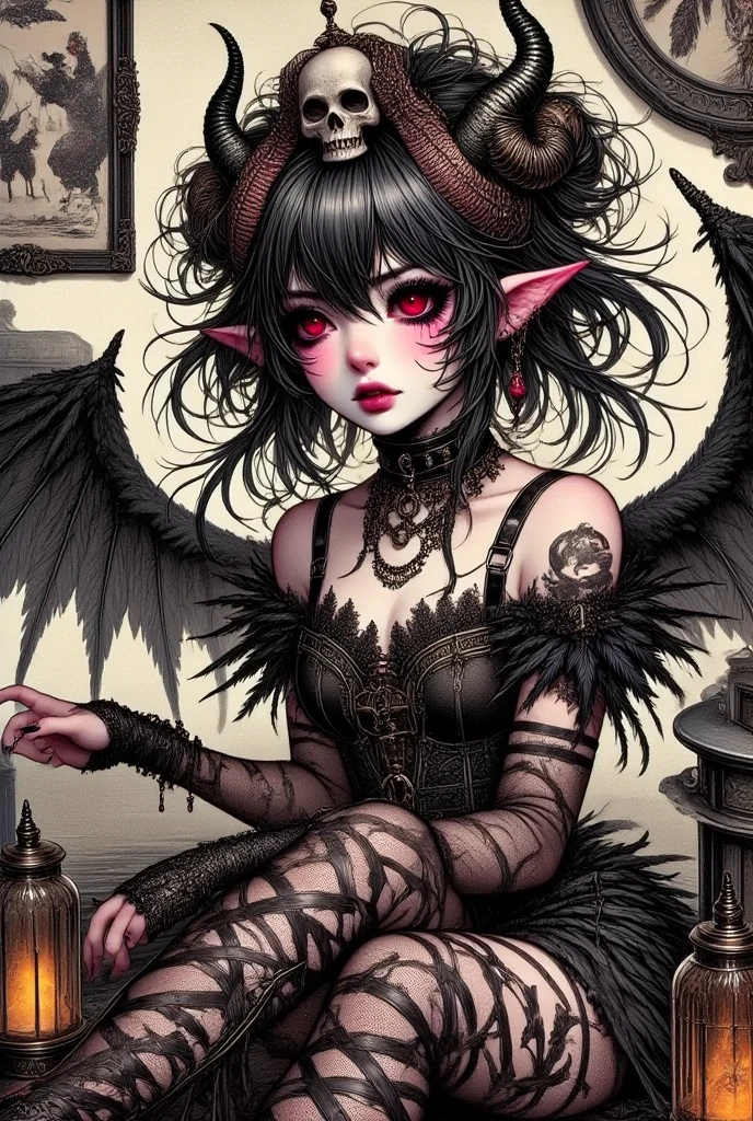 Fantasy Illustration with Gothic. Dark tone colors.), A young succubus lies in a daring pose on a sumptuous sofa, (She has jet-black hair and eyebrows, blunt bangs, ground-length messy hair, glowing red eyes with yellow stars, small pink lips, pale skin, and dark, thick eyeliner.), (She wears a tiara with a skull motif and a black leather chukar. She wears a high-leg bodysuit of lace fabric, and stocking boots with braided red laces. On her back she has a pair of large raven-like wings.)