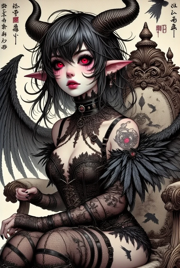 Fantasy Illustration with Gothic. Dark tone colors.), A young succubus lies in a daring pose on a sumptuous sofa, (She has jet-black hair and eyebrows, blunt bangs, ground-length messy hair, glowing red eyes with yellow stars, small pink lips, pale skin, and dark, thick eyeliner.), (She wears a tiara with a skull motif and a black leather chukar. She wears a high-leg bodysuit of lace fabric, and stocking boots with braided red laces. On her back she has a pair of large raven-like wings.)