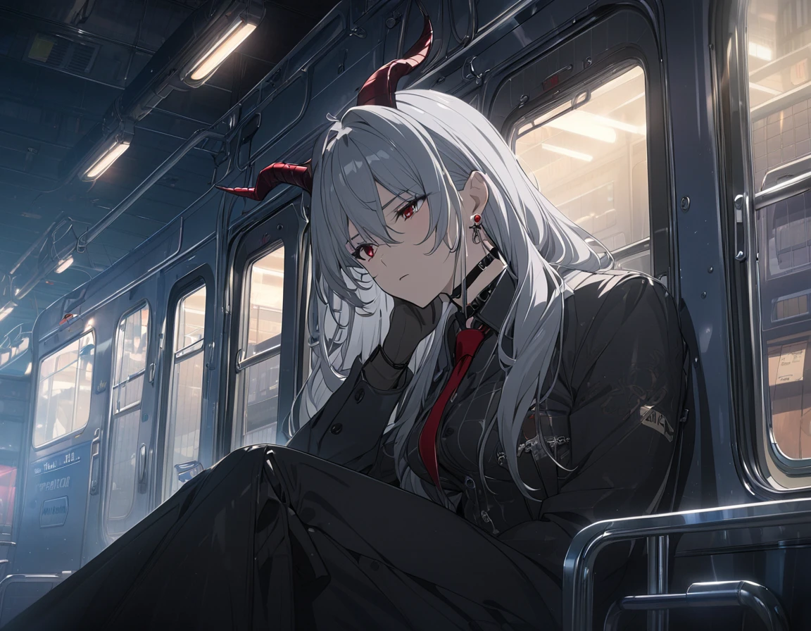 Zani, demon tail, long hair, multicolored hair, grey hair, hair between eyes, goat horns, demon horns, red eyes, large breasts, first rate breasts, black shirt, collared shirt, red necktie, long sleeves, black gloves, latex gloves, black pants, earrings, black choker, closed eyes, sleepy, sleeping, train, crowded, sitting in a train. Night time, Detailed eyes, Ultra quality, UHD, high detail, anime aesthetic, Anime screenshot, Ultra quality, UHD, high detail