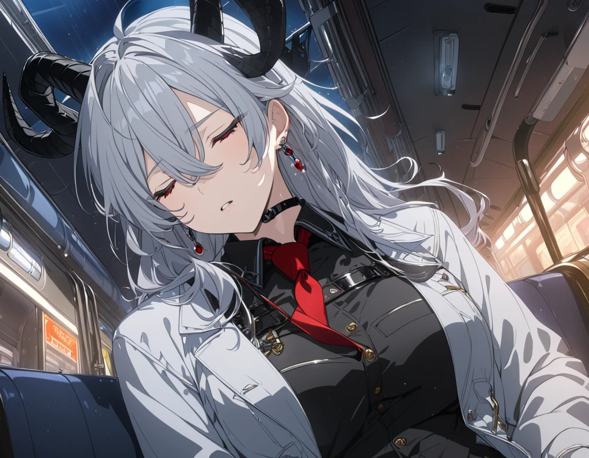 Zani, demon tail, long hair, multicolored hair, grey hair, hair between eyes, goat horns, demon horns, red eyes, large breasts, first rate breasts, black shirt, collared shirt, red necktie, long sleeves, black gloves, latex gloves, black pants, earrings, black choker, closed eyes, sleepy, sleeping, train, crowded, sitting in a train. Night time, Detailed eyes, Ultra quality, UHD, high detail, anime aesthetic, Anime screenshot, Ultra quality, UHD, high detail