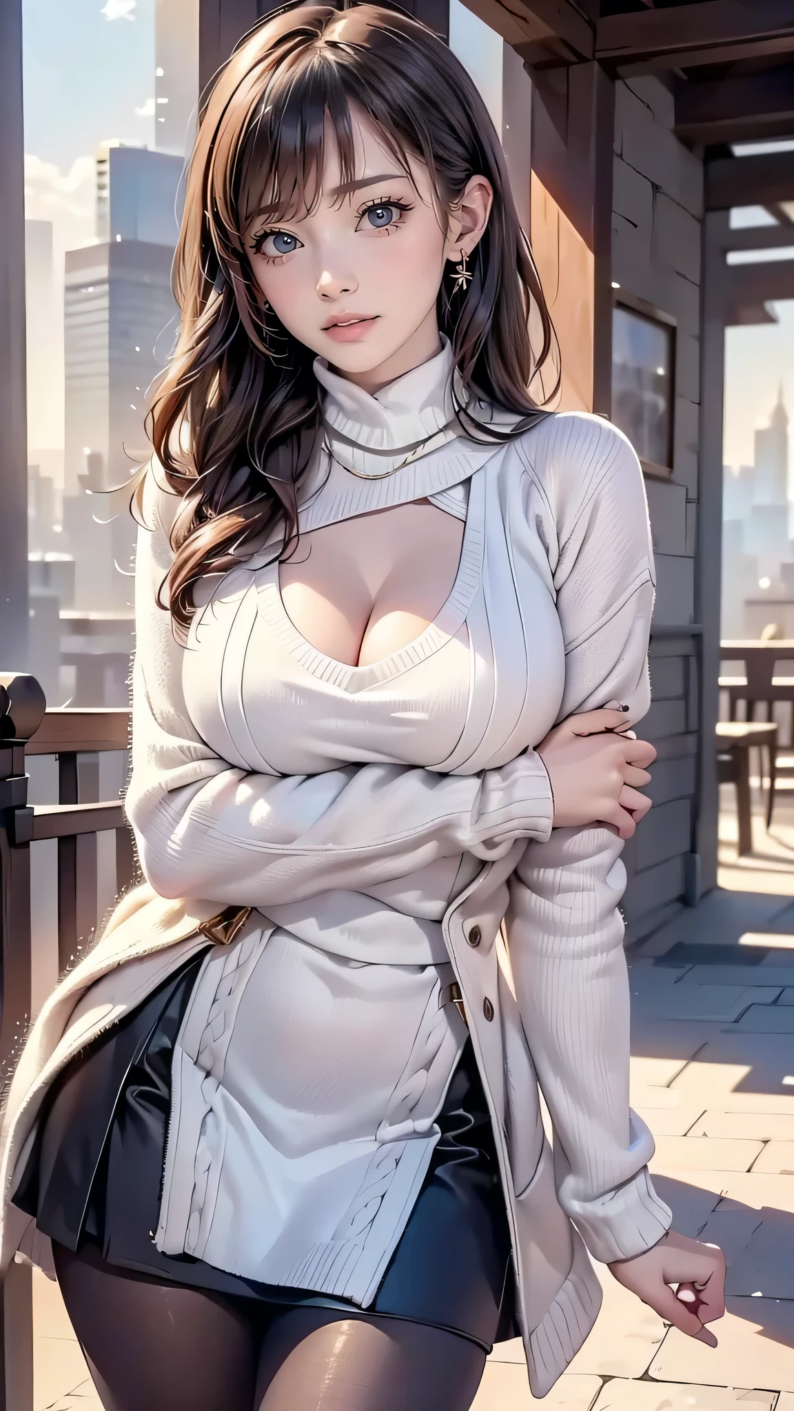 a girl in winter clothes, long sweater, skirt, short, pantyhose, medium breasts, cleavage, cityscape, flirtatious look, ((very detailed)), (perfectly detailed face), (well detailed hand) photorealistic image.