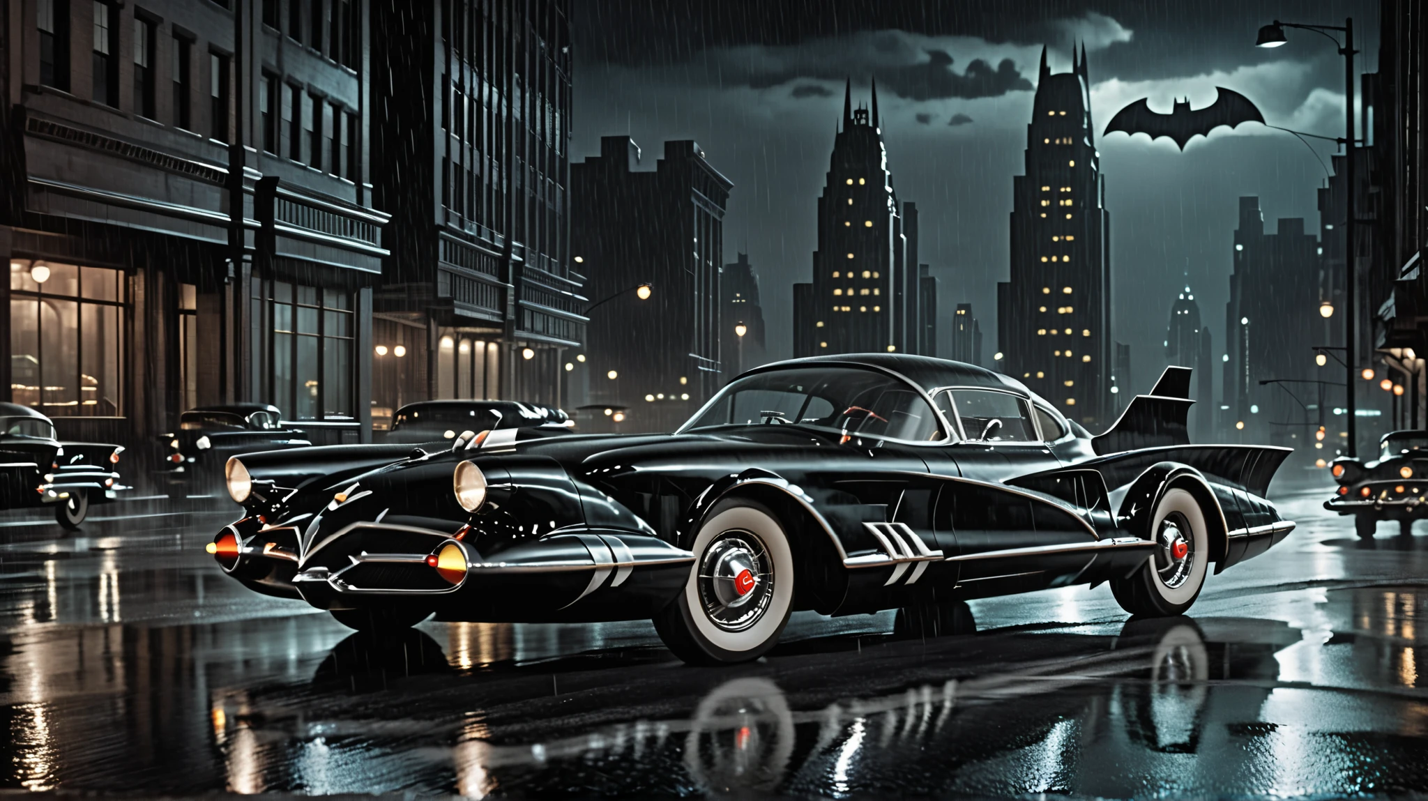 "A sleek, black Batmobile speeds through the rain-soaked streets of 1950s Gotham City at night. The headlights glow brightly, cutting through the darkness, while the Bat-Signal shines in the stormy sky above. The city's towering skyscrapers loom in the background, and the scene exudes action and urgency, capturing the dynamic energy of the moment.