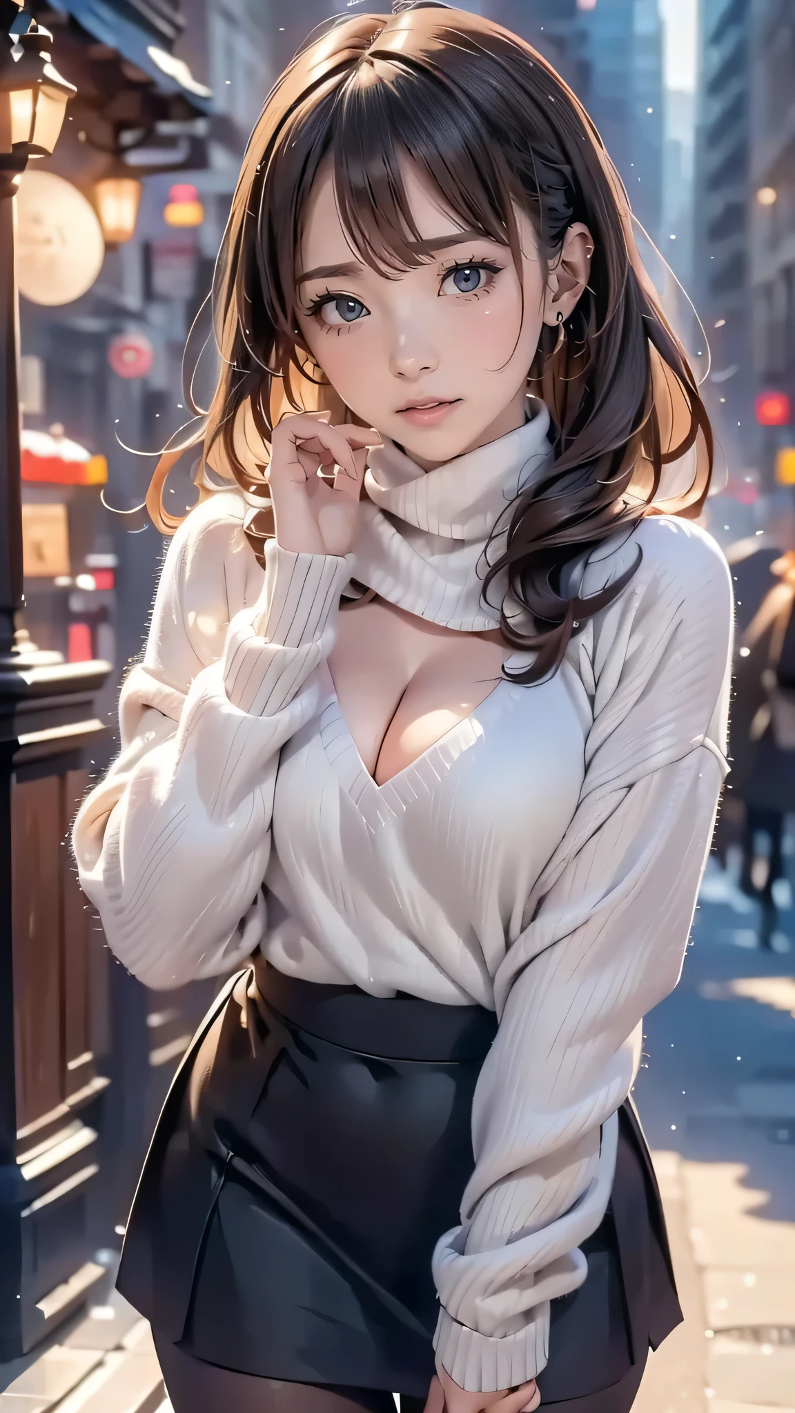 a girl in winter clothes, long sweater, skirt, short, pantyhose, medium breasts, cleavage, cityscape, flirtatious look, ((very detailed)), (perfectly detailed face), (well detailed hand) photorealistic image.