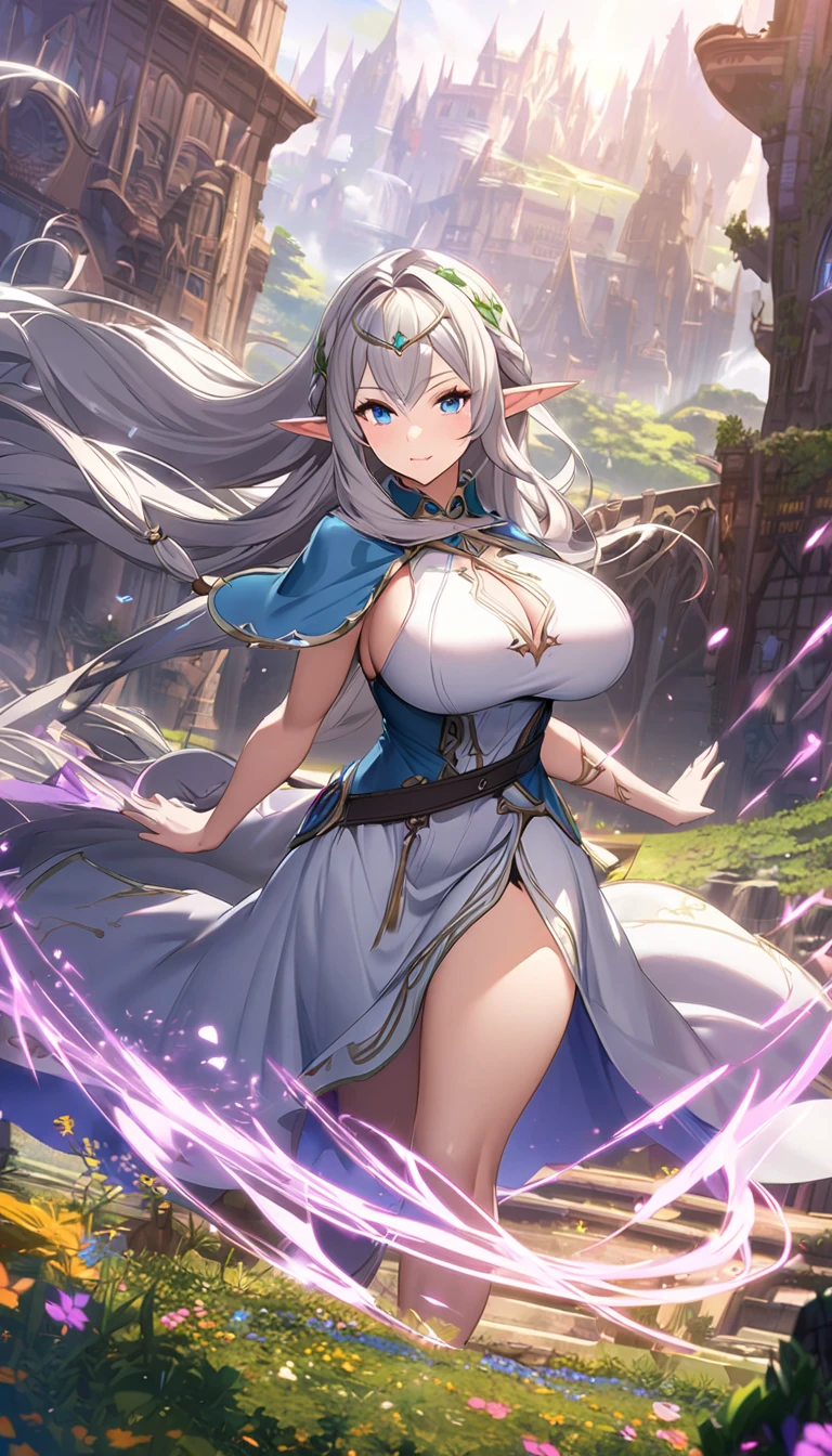 Elf,Sister,Big Breasts, long hair,fantastic background