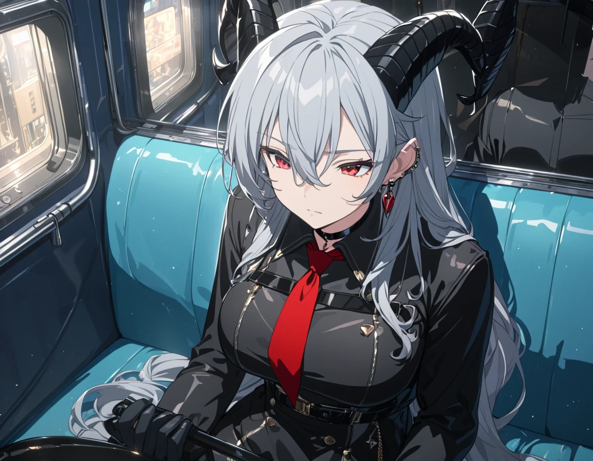 Zani, demon tail, long hair, multicolored hair, grey hair, hair between eyes, goat horns, demon horns, red eyes, large breasts, first rate breasts, cleavage, black shirt, collared shirt, red necktie, long sleeves, black gloves, latex gloves, black pants, earrings, black choker, eyes closed, sleeping, resting, leaning back, crowded train, sitting in a train. Night time, Detailed eyes, Ultra quality, UHD, high detail, anime aesthetic, Anime screenshot, Ultra quality, UHD, high detail