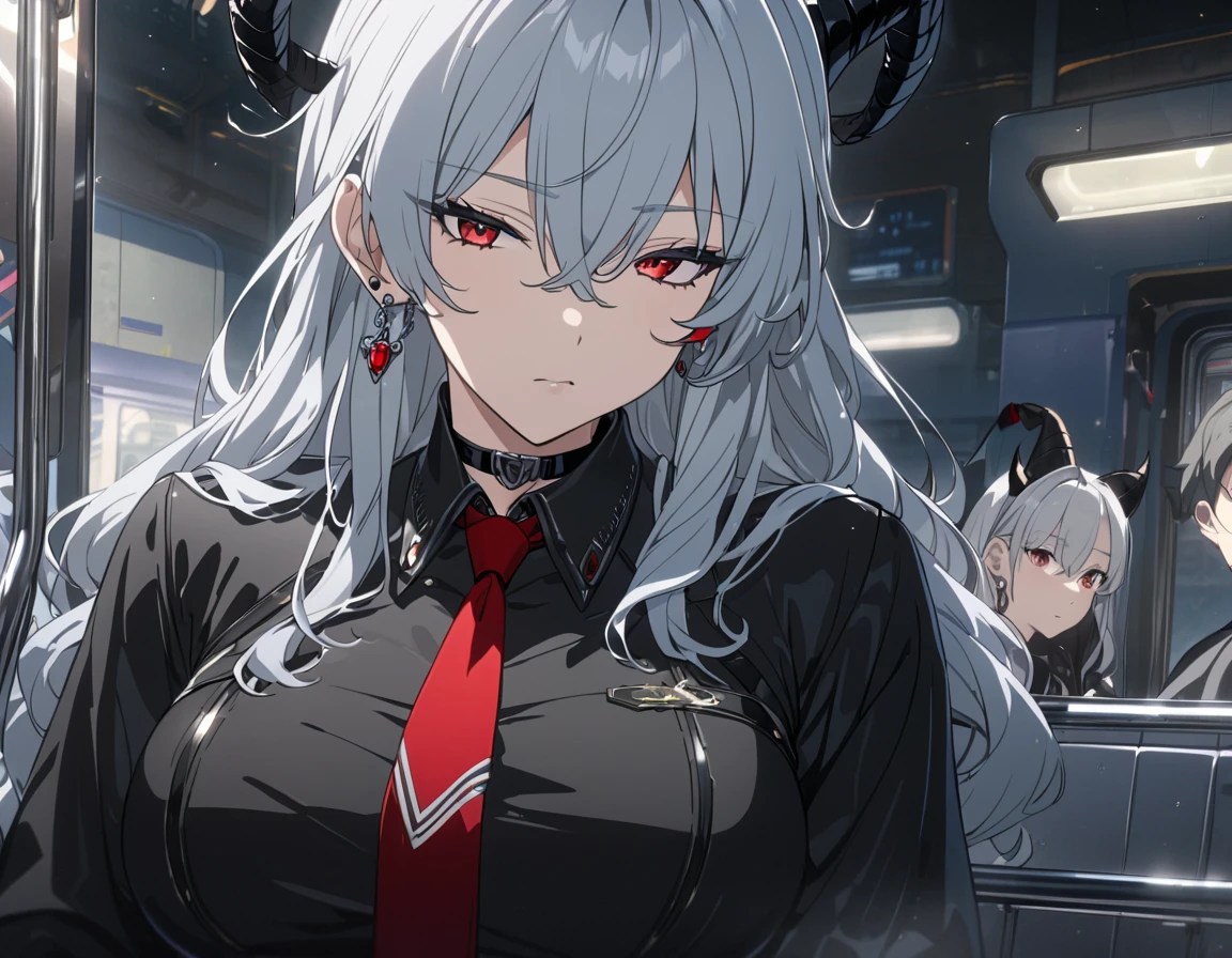 Zani, demon tail, long hair, multicolored hair, grey hair, hair between eyes, goat horns, demon horns, red eyes, large breasts, first rate breasts, cleavage, black shirt, collared shirt, red necktie, long sleeves, black gloves, latex gloves, black pants, earrings, black choker, eyes closed, sleeping, resting, leaning back, crowded train, sitting in a train. Night time, Detailed eyes, Ultra quality, UHD, high detail, anime aesthetic, Anime screenshot, Ultra quality, UHD, high detail