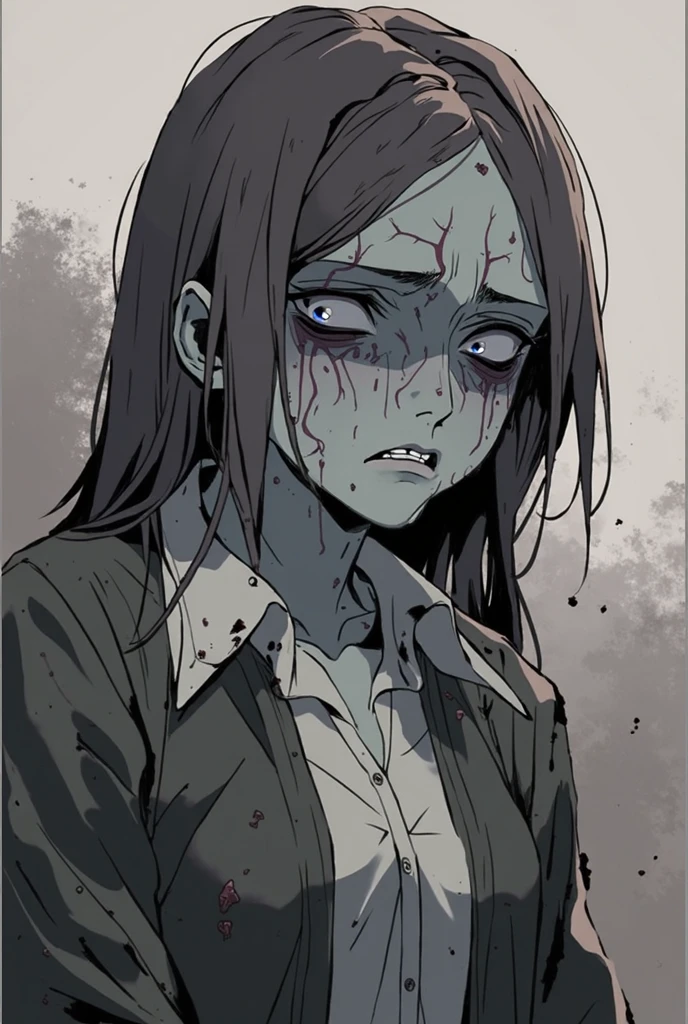 City background, female, tired, metroidvania, scary, wolfcut. hair, tired, bloody, without a pyscothic girlfriend energy,, blood between teeth. 8k, beautiful image. bloody knife in hand. upper body. dead blank eyes. blood everywhere. asian, blue eyes, dark metrdovania style, blood all over the characters face. drenched in bodily fluid.