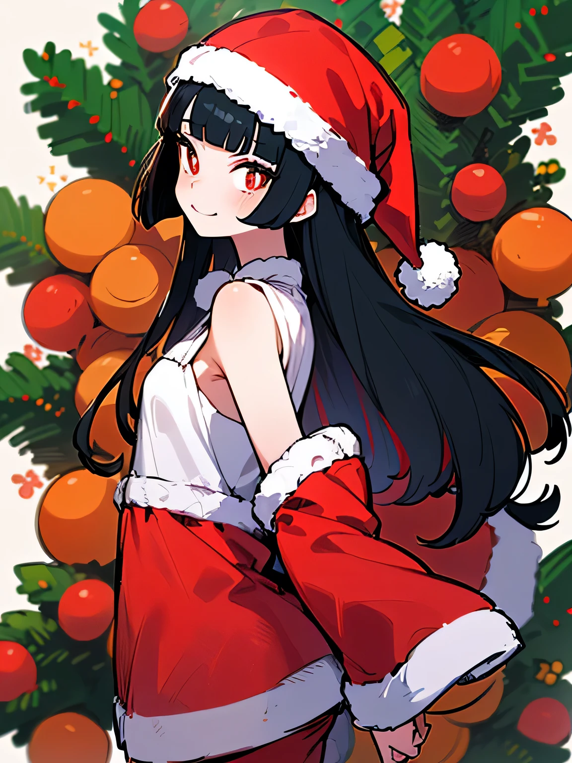 ( wariza),sideview,(looking at viewer), chibi,Alone,18years old,pokemon sabrina, black hair, long hair, bangs, (blunt bangs:1.5), (red eyes:1.5), hime cut, sidelocks, (bright pupils:1.5), (white pupils:1.5),smile,( Christmas:1.3),( Santa Claus costume),( Santa Claus hat), carnival party,(manga style),(sketch),(illustration),