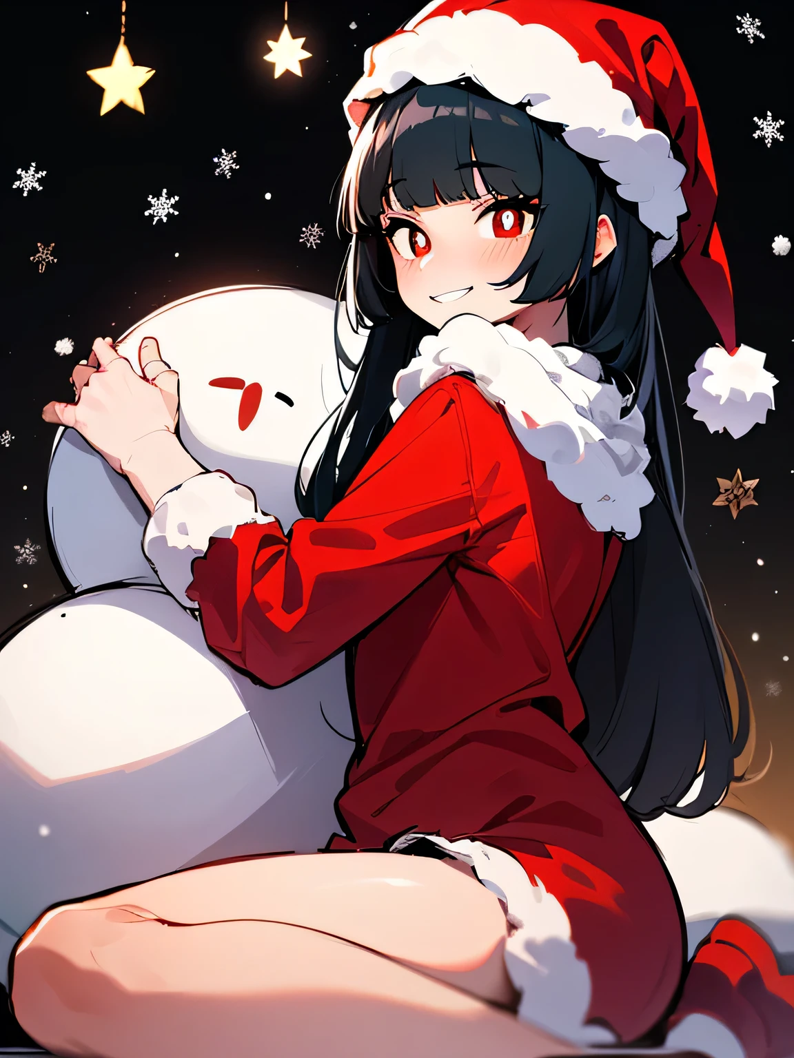 ( wariza),sideview,(looking at viewer), chibi,Alone,18years old,pokemon sabrina, black hair, long hair, bangs, (blunt bangs:1.5), (red eyes:1.5), hime cut, sidelocks, (bright pupils:1.5), (white pupils:1.5),smile,( Christmas:1.3),( Santa Claus costume),( Santa Claus hat), carnival party,(manga style),(sketch),(illustration),