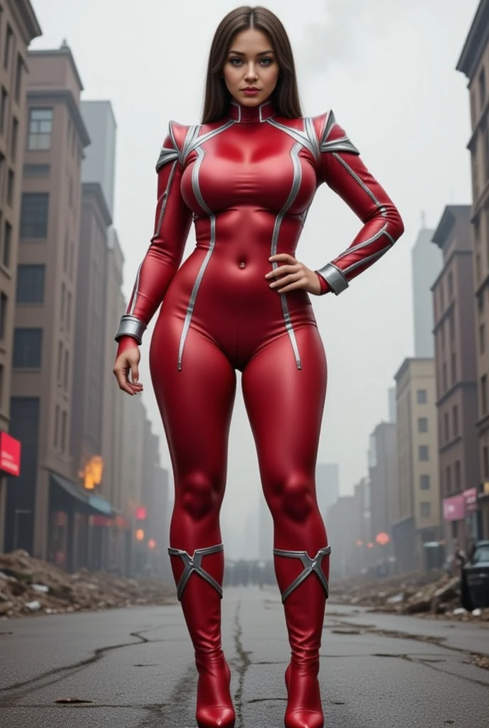 "Create a photorealistic half-body 2K image of a stunning Korean woman with an hourglass figure, long legs, and flawless white skin. She is dressed in a sleek, form-fitting Power Ranger costume with vibrant red and silver details that emphasize her curves and large chest. Standing at the center of a broken city, she strikes a dramatic fighting pose with one arm extended forward and the other clenched into a fist. The scene is filled with destruction—cracked streets, shattered buildings, and rising smoke, creating a sense of intensity and urgency."