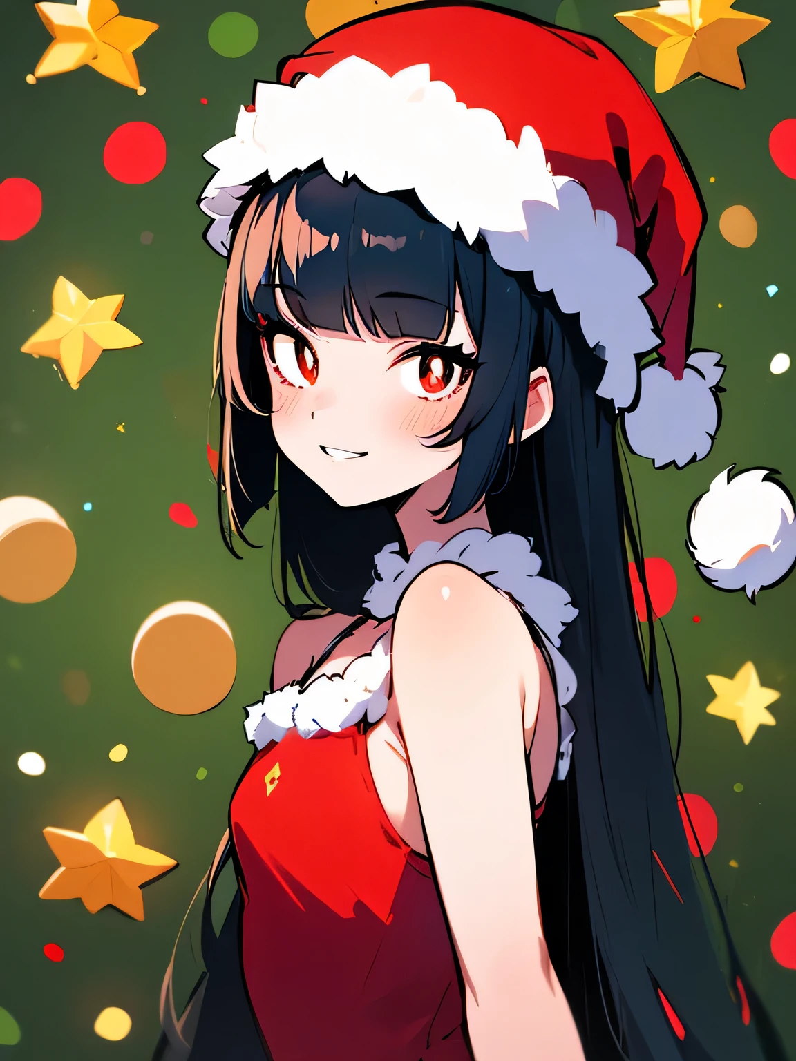 ( wariza),sideview,(looking at viewer), chibi,Alone,18years old,pokemon sabrina, black hair, long hair, bangs, (blunt bangs:1.5), (red eyes:1.5), hime cut, sidelocks, (bright pupils:1.5), (white pupils:1.5),smile,( Christmas:1.3),( Santa Claus costume),( Santa Claus hat), carnival party,(manga style),(sketch),(illustration),