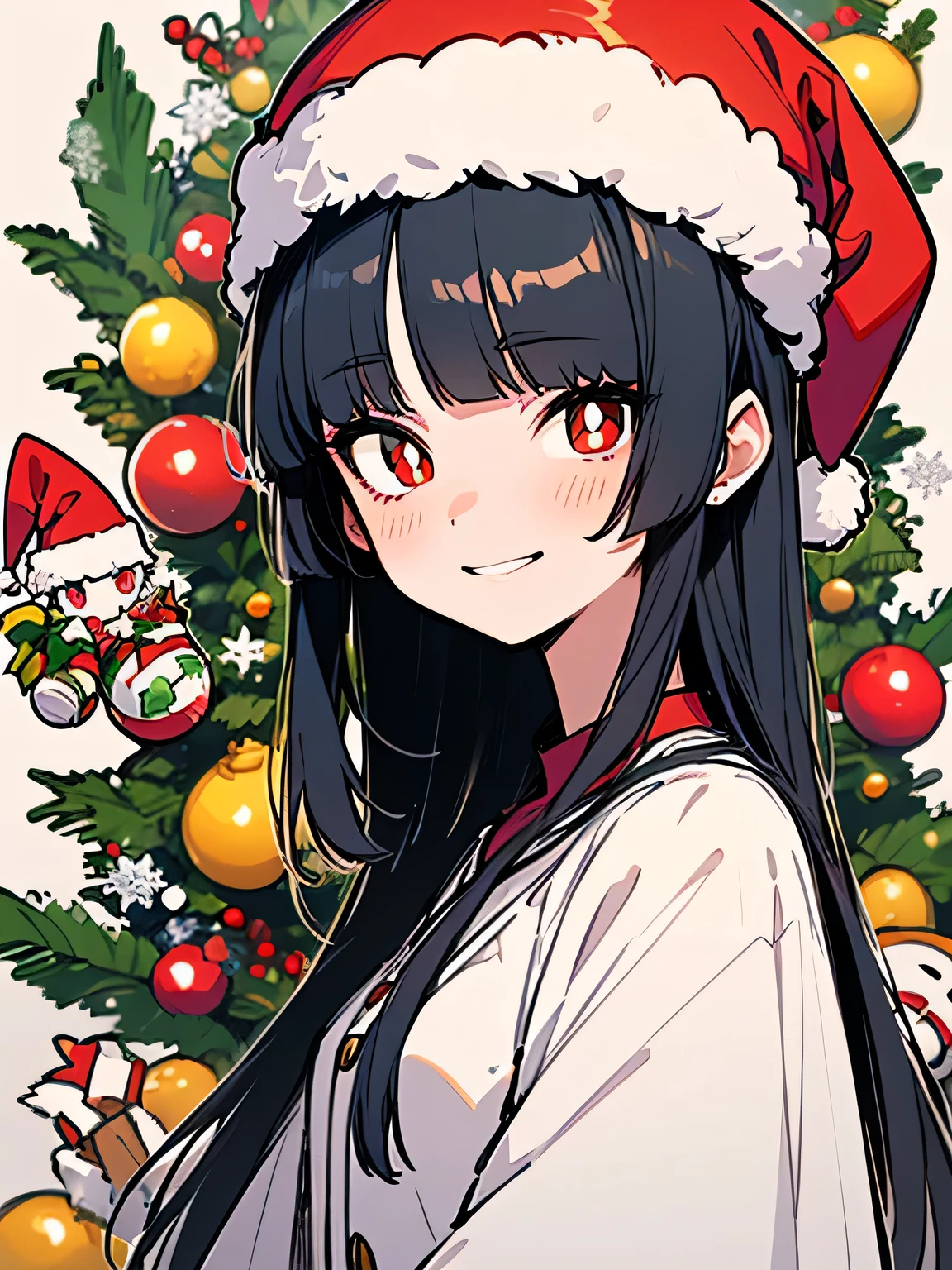 ( wariza),sideview,(looking at viewer), chibi,Alone,18years old,pokemon sabrina, black hair, long hair, bangs, (blunt bangs:1.5), (red eyes:1.5), hime cut, sidelocks, (bright pupils:1.5), (white pupils:1.5),smile,( Christmas:1.3),( Santa Claus costume),( Santa Claus hat), carnival party,(manga style),(sketch),(illustration),