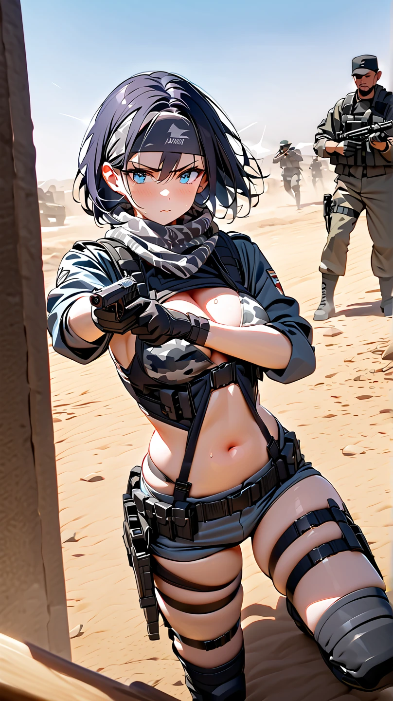 bra and panty, serious, dominant, seductive, sexy, military, desert. Cammo, Tactical. Armor, Sun, hot, Sargent, sleeveless, perfect hands, wet, wetting, summer.