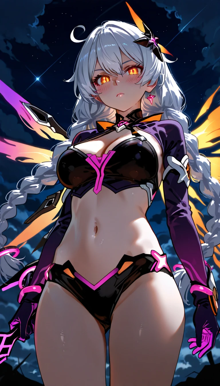 Best quality, 8k, 1 girl, succubus, wings, solo, , silver hair, long wavy hair, purple eyes, hair between eyes, small breasts, crop_top, jacket, mini skirt, black legwear, sassy , light smile, smirk, tiara headwear