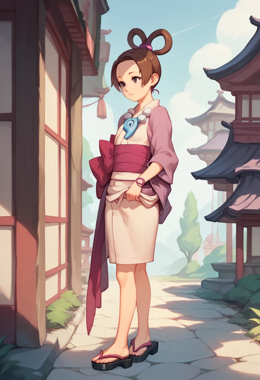 1girl, brown hair, hair rings, short hair, black eyes
japanese clothes, kimono, magatama, necklace, sash, sandals, pearlfeyyoung, being lifted by pair of hands