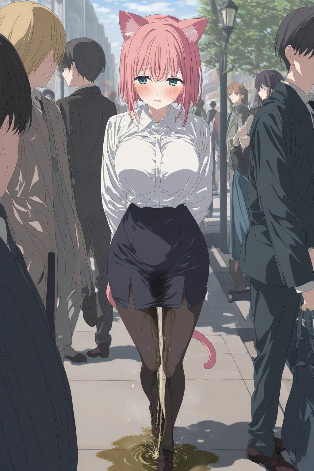 Sexy cat girl, large breasts, wide hips, peeing, in public