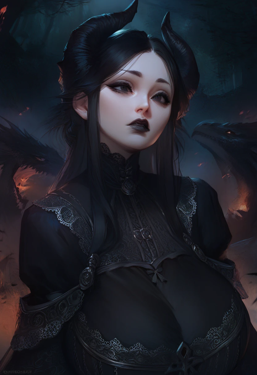 ((best quality, 4k, masterpiece, art)), long black silky hair, straight hair, black dragon horns, black dress lace, huge breasts, expressionless, black eyes, black lipstick, bangs, evil face, in dark forest, 