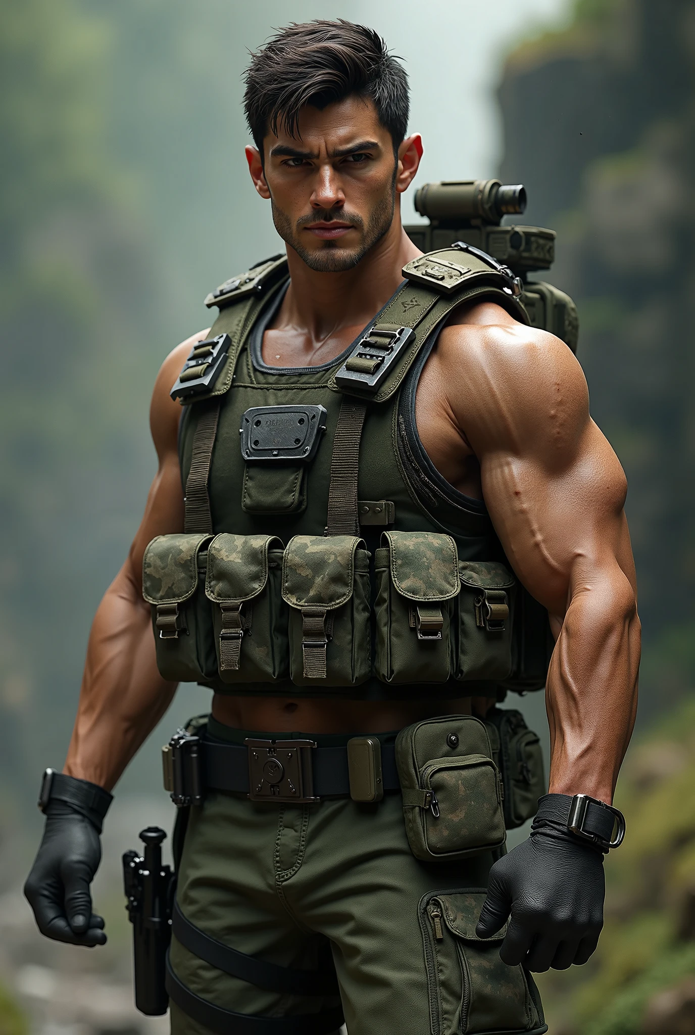 there is a man with a hat and a backpack walking, muscular character, concept art like ernest khalimov, rugged soldier, arnold 3 d render, arnold 3d render, arnold render, ernest khalimov body, realistic soldiers, arnold maya render, muscular male hero, bodybuilder ernest khalimov, inspired by Arnie Swekel, 3d character realistic