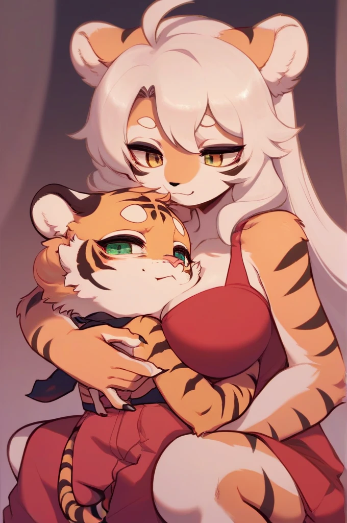 laying on a bed with on knees squat down on bed, full body standing straight symmetrical looking to the camera woman wearing a yellow tiger bikini tiger paws (hands and feet), choker on neck, shackles on legs and arms, tiger face, viewer, reality, white hair, long hair, RAWExtremely detailed, big knockerss, open the legs, arousal, sexual expression))