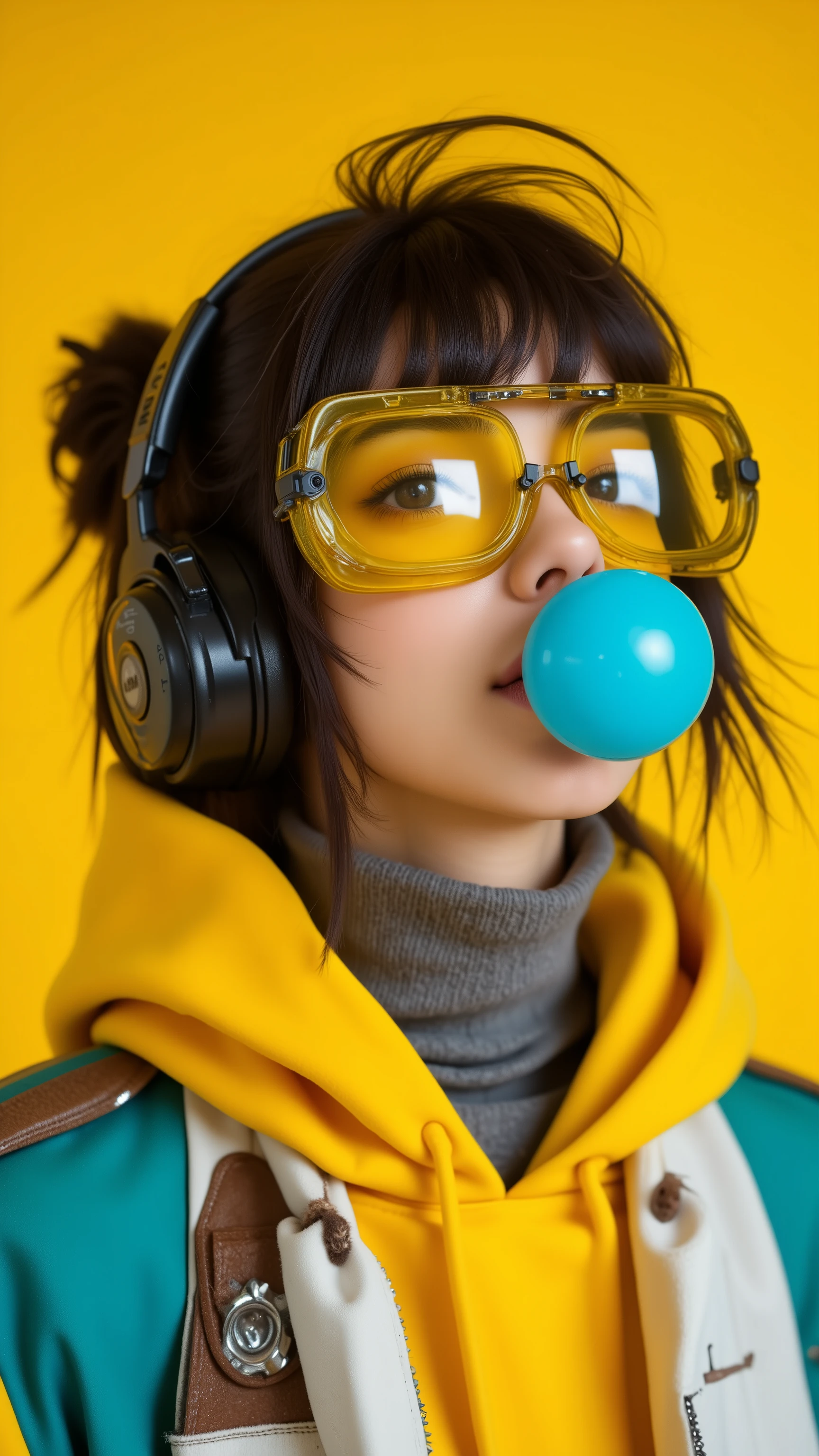 A stylish woman in her 20s. A vibrant and vibrant photo of street punk with a bold, futuristic aesthetic. Cyberpunk Street Warrior adds playful and rebellious energy with spikes and tubular black hair. It forms a dynamic focus by wearing oversized yellow goggles (transparent glasses:1) with an opaque surface that reflects ambient light.
Combined with stylish black over-ear headphones, these goggles combine a modern tech element with a retro cyber vibe. A bright Blue bubble of gum is mid-pop in front of their face, 
Her outfit is a bright yellow hoodie with a white zip vest layered over a teal jacket, in sharp contrast to the grey turtleneck that wraps around her neck.