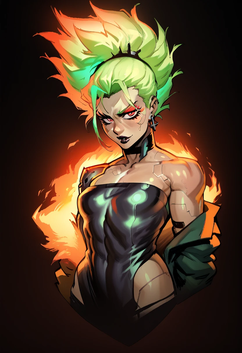 1 A fierce manga-style anime fit for a cyborg woman not create traje, censual front back, with a big, fat chest and vibrant green hair, set against a black background. Her piercing neon red eyes shine with fiery determination as she confidently dons a short dress, ready to take on any challenge.