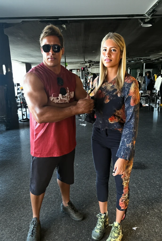 a muscular blonde girl with tan skin, biceps, veins, sixpack abs, ripped physique, wearing shorts, beautiful detailed face, detailed eyes, detailed lips, sexy pose, muscular legs