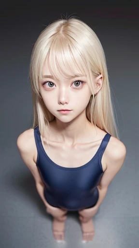 (from above:1.3),((sfw:1.5)),((sfw:1.5)),((sfw:1.5)),((sfw:1.5)),(upper Body:1.5), Korean Asian Teenager Photos、((Beautiful and cute idol 2girl:1.5))、Platinum Blonde red Hair、11yo,Narrow eyes:1.5、Thin face、Thin neck、((Slim body)),((skinny):1.5),((Flat chest:1.5)),((clavicle)),((small Narrow eyes:1.5))、(Thin arms)、(Thin neck)、(Thin lips)、A small smile、Thin arms、(Dark blue school swimsuit:1.5)
