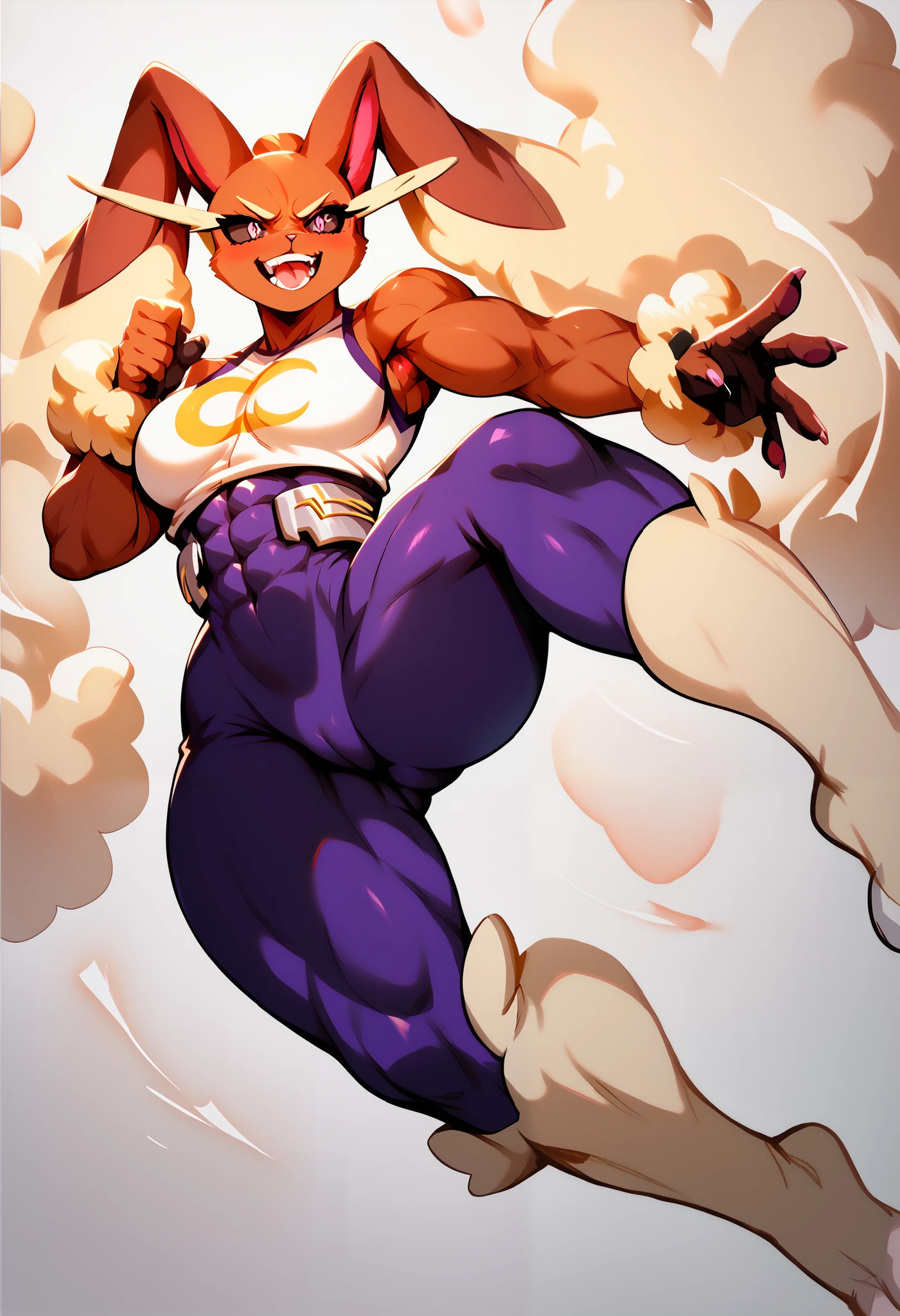 Furry, Female, A dynamic and powerful depiction of a fit and curvy female furry anthropomorphic Lopunny performing a insane kick, insane kick pose, The scene is viewed from a dramatic low angle on the left leg, emphasizing her athleticism and toned physique, The left leg is blurred with speed lines to highlight the arc and velocity of the insane kick, Her entire body is visible in a full-body dynamic pose, showcasing her strength and elegance, She is dressed in a tight, hero-inspired outfit similar to Mirko's costume from My Hero Academia, designed to accentuate her physical prowess, Long, flowing Lopunny ears are swept back in motion, enhancing the action and movement, The art style is inspired by Taigerarts, featuring bold outlines, smooth solid shading, and flat colors, with minimal detail for clarity, The anatomy is flawless, side view, with proportional limbs, strong legs, and dynamic physics applied to her medium chest and flowing ears, Her expression is confident and focused, capturing the power and elegance of her mid-action pose