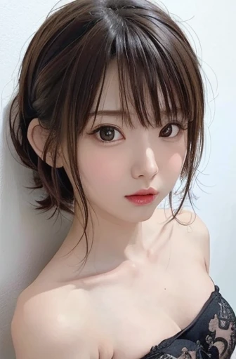 (masterpiece、Best Quality、 Super detailed description、 super high definition)、( Portrait Shooting :1.3)、 girl、solo、((small chest))、cute、 idol face、 simple white background、Stand with your back against a wall、front view