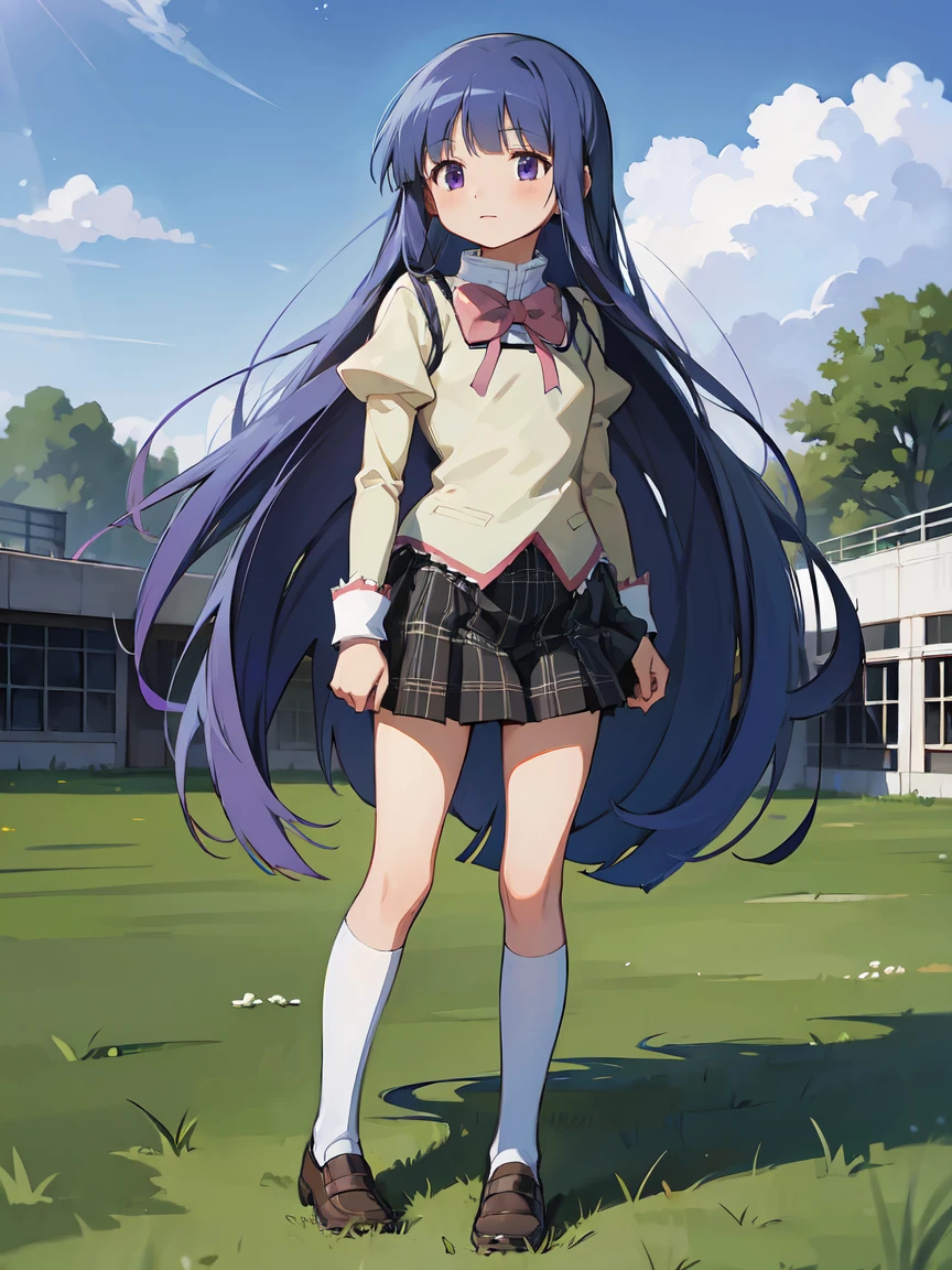 (Furude Rika),  1 Woman , Alone, ((mitakihara school uniform)), ( red ribbon ),  plaid skirt,  blue hair,  purple eyes,  long hair, blunt bangs, bangs,  garden, full body,  standing