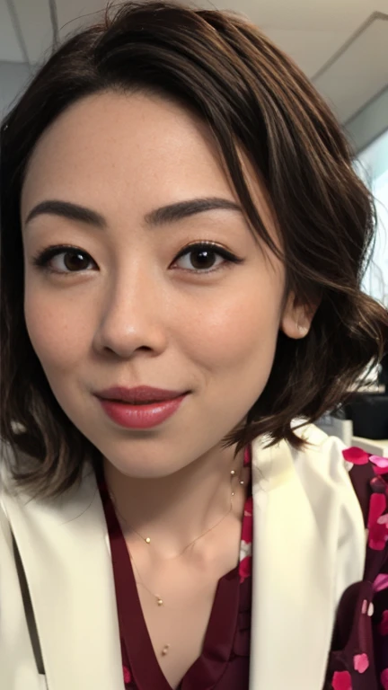 (a masterpiece portrait of a woman with ultra detailed features, in 8K resolution, with crisp quality and vibrant colors)、( focusing on her face)、Female office worker、 Wearing a Business Suit 、 one woman、 Japanese、Age 30、Brunette woman、 Pro Pictures、Beautifully arranged short bob cut hair、( shot from the front :1.4)、(Front View:1.4)、( viewers:1.8)、 glossy red lipstick 、 glossy red lipstick 、Thick lips、 brown eyes、Round eyes、A face waiting for a kiss、background: office、 is placed in the center of the screen、 face、