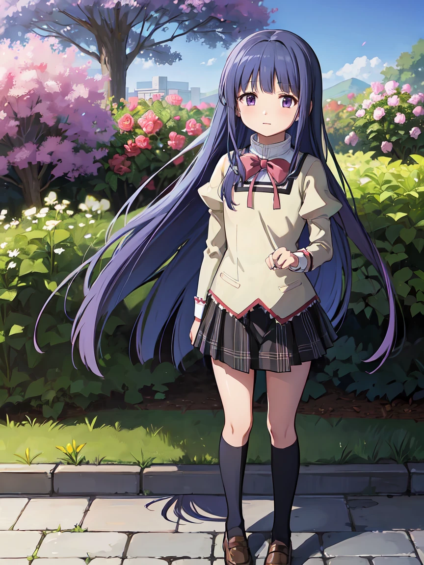 (Furude Rika),  1 Woman , Alone, ((mitakihara school uniform)), ( red ribbon ),  plaid skirt,  blue hair,  purple eyes,  long hair, blunt bangs, bangs, garden, full body,  standing