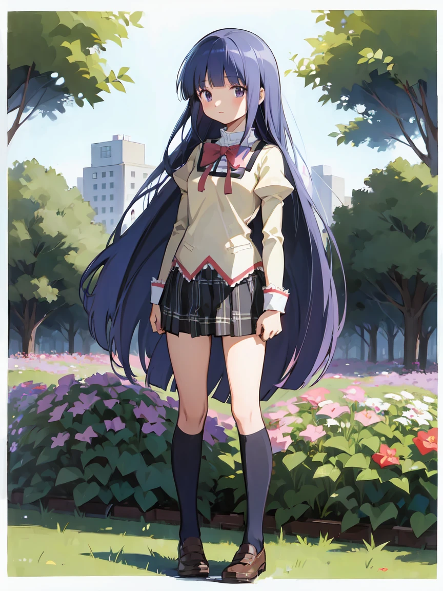 (Furude Rika),  1 Woman , Alone, ((mitakihara school uniform)), ( red ribbon ),  plaid skirt,  blue hair,  purple eyes,  long hair, blunt bangs, bangs,  garden, full body,  standing