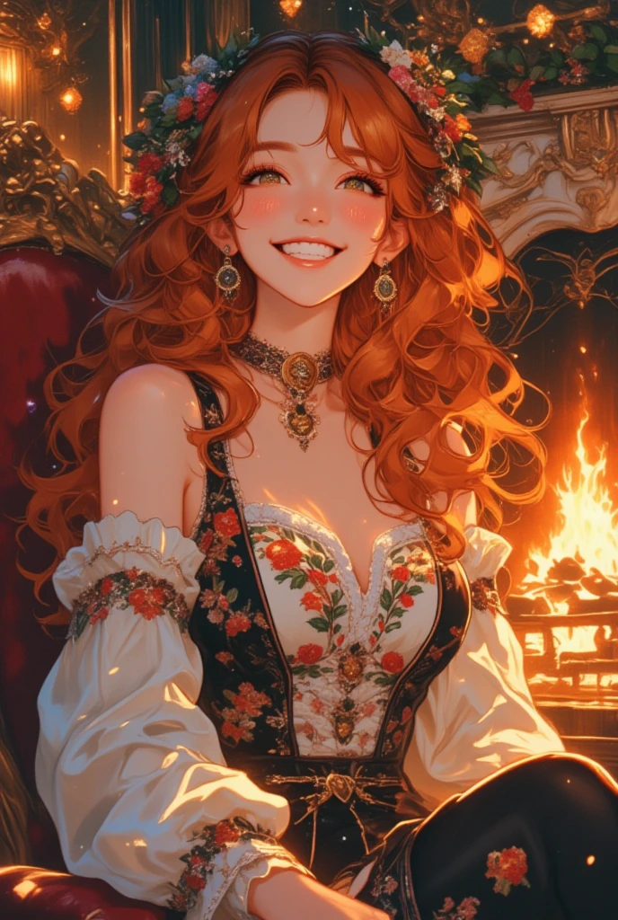 "young,  elegant woman ,  presented as a young and cheerful Mrs. . Klaus,  combining Olivia Mann ,  Natalie Emmanuel and Chloe Bennett .  She has bright reddish-brown hair ,  beautifully styled ,  and she radiates the joy of , elegance,  and festive warmth .  cleavage  .  The setting is a luxurious room with a Norwegian aesthetic style ,  including intricate rosemaling patterns on walls and furniture ,  and traditional Norwegian decor .  She is wearing a beautifully detailed Norwegian dress with folk embroidery,  enhancing her graceful ,  festive presence .  The illustration is very detailed with ,  award-winning digital painting ,  combining elements of realistic fantasy art ,  polished 2D vector illustration , 's features and conceptual art ,  inspired by WLOP and Artgerm styles .  The composition includes a flaming fireplace and emphasizes the sharpness of the focus ,  intricate , and sophisticated ,  elegant aesthetics with the cozy ,  winter atmosphere ."