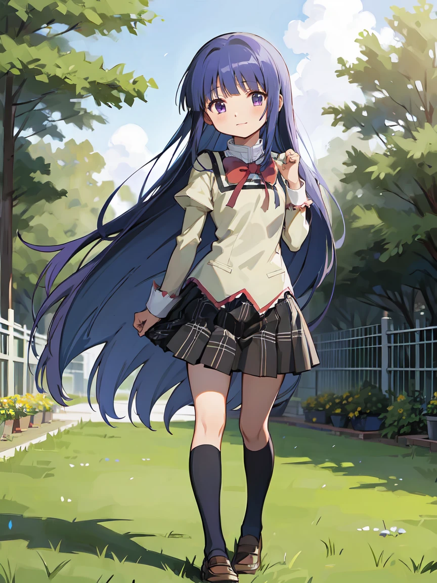 (Furude Rika),  1 Woman , Alone, ((mitakihara school uniform)), ( red ribbon ),  plaid skirt,  blue hair,  purple eyes,  long hair, blunt bangs, bangs,  garden, full body,  standing